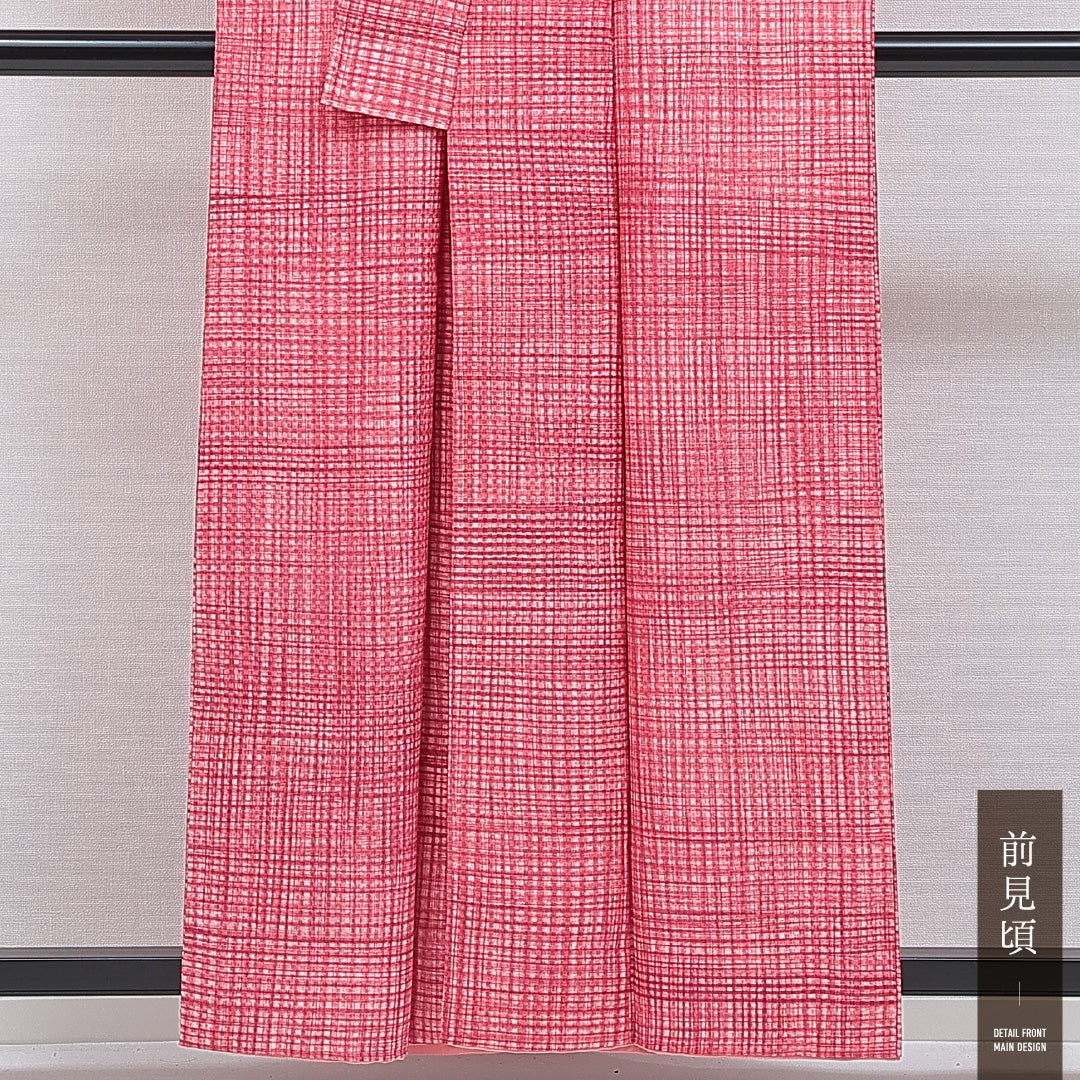 小紋 洗える着物 袷 身丈158cm 裄丈63cm ポリエステル Aランク Mサイズ 広衿 インフォーマル 格子 ピンク系 1215-16393