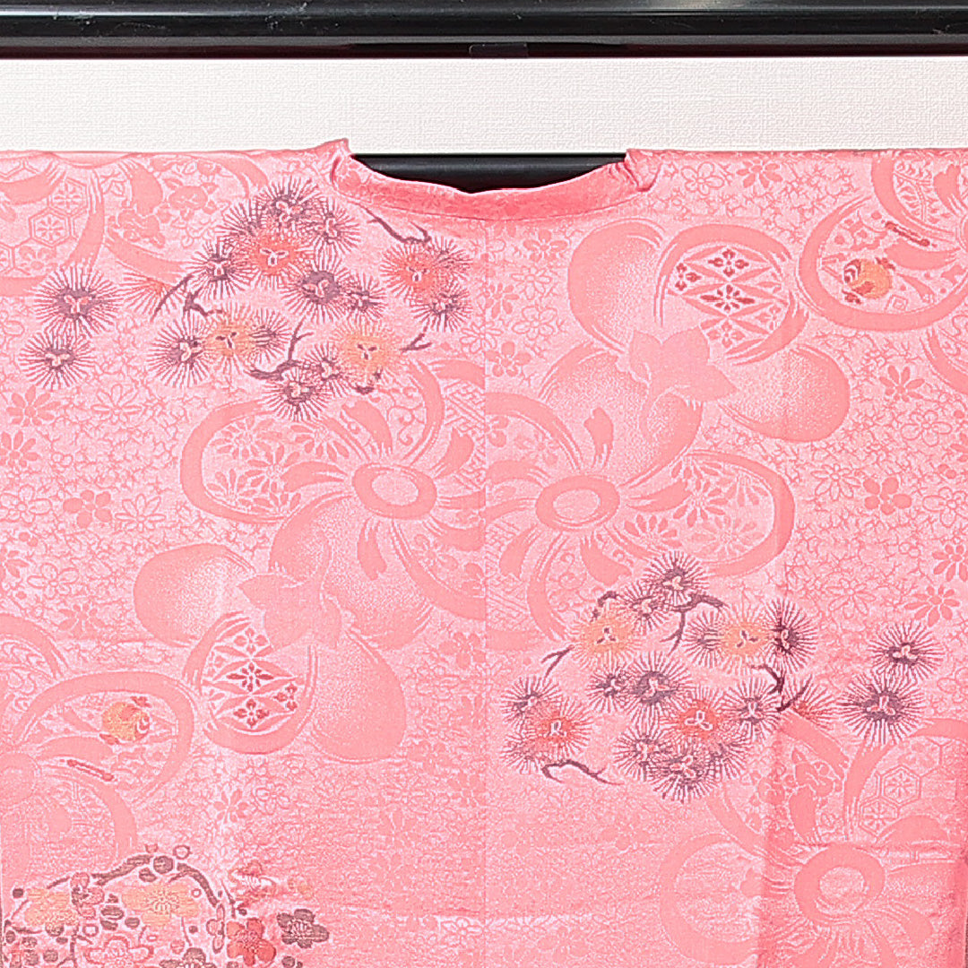 アンティーク 道行コート(お召) 袷 身丈98cm 裄丈65cm 正絹 Bランク Mサイズ ポケットあり 梅 ピンク系 1263-15276