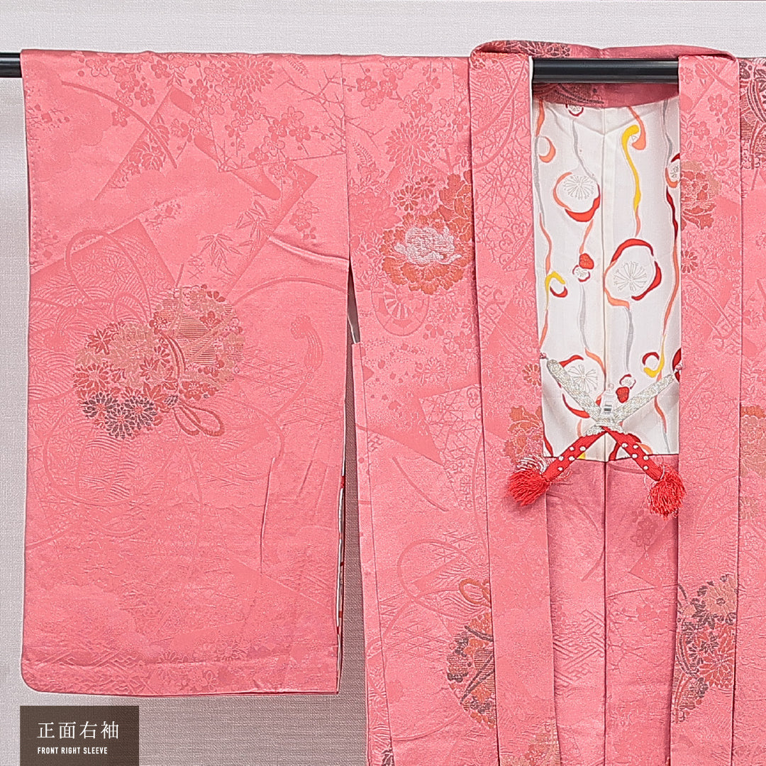 アンティーク 羽織 袷 身丈93cm 裄丈62cm 正絹 Aランク Sサイズ 一つ紋(五三桐) 鼓 牡丹 ピンク系 1217-16198