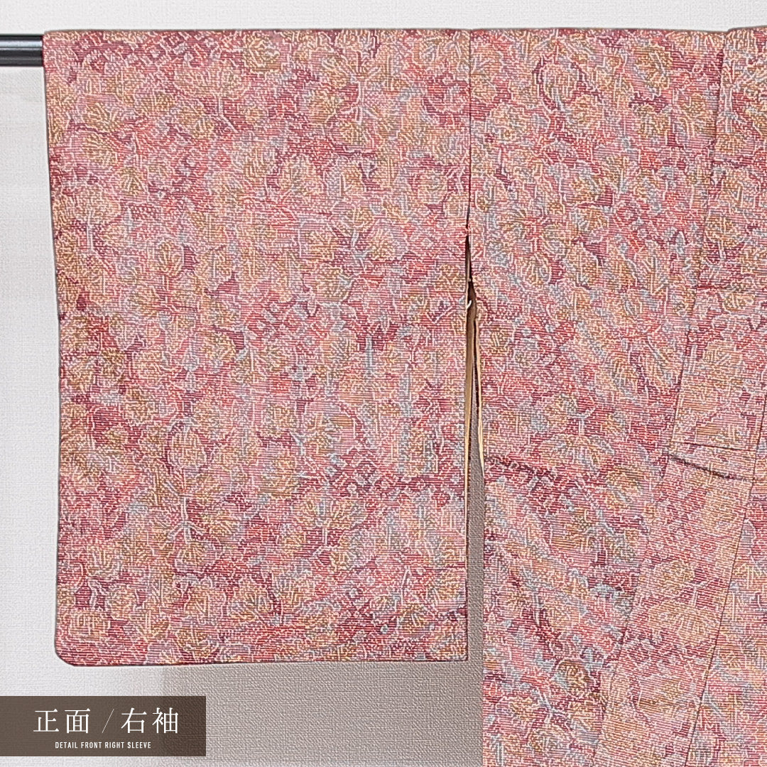大島紬 袷 身丈153cm 裄丈62cm 正絹 Dランク インフォーマル バチ衿 Sサイズ 経緯絣 植物柄 赤系 HP 1223-15187