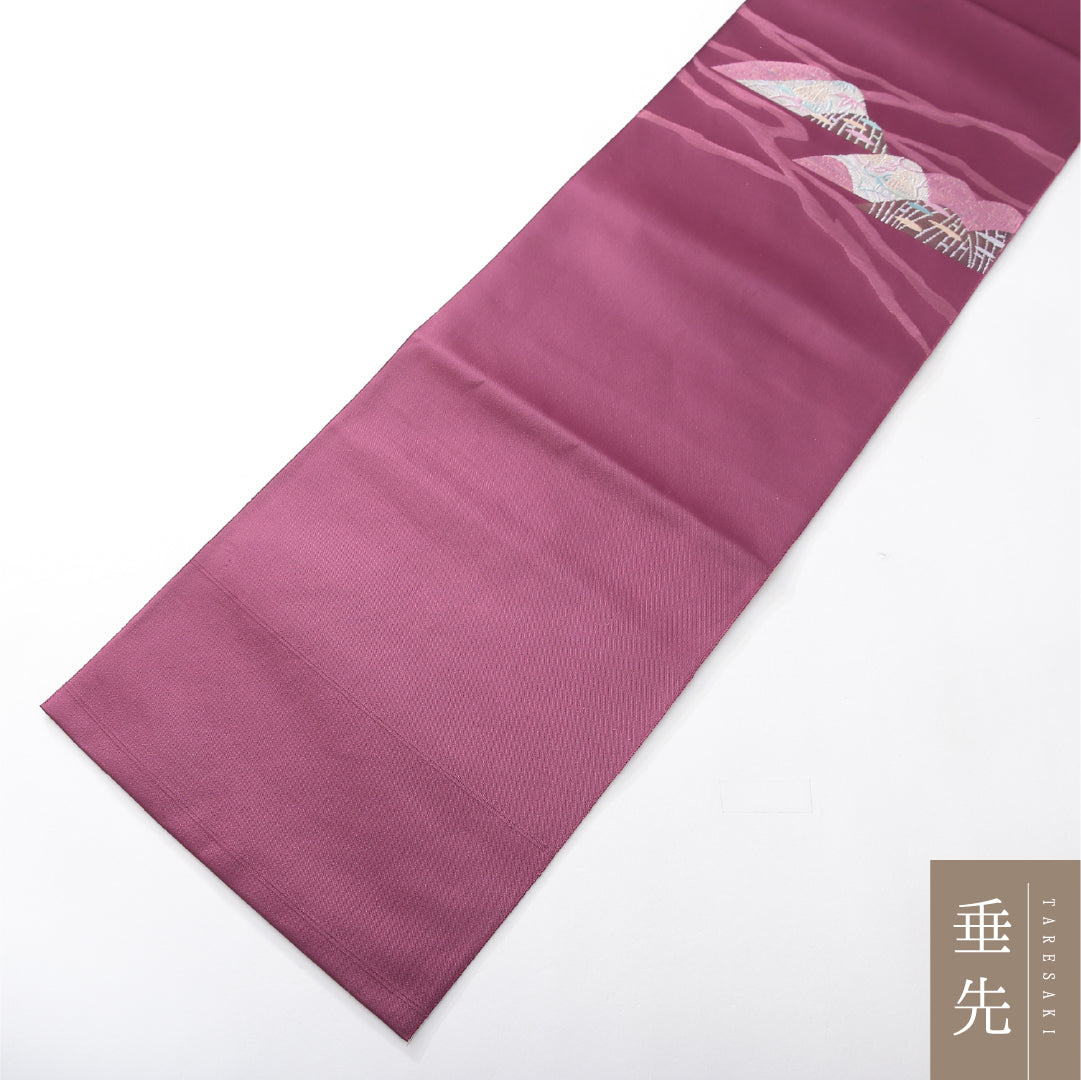 八寸名古屋帯 帯丈355cm カジュアル 松葉仕立て ポイント柄 Sランク 正絹 茶屋辻 紫系 赤系 1224-03829