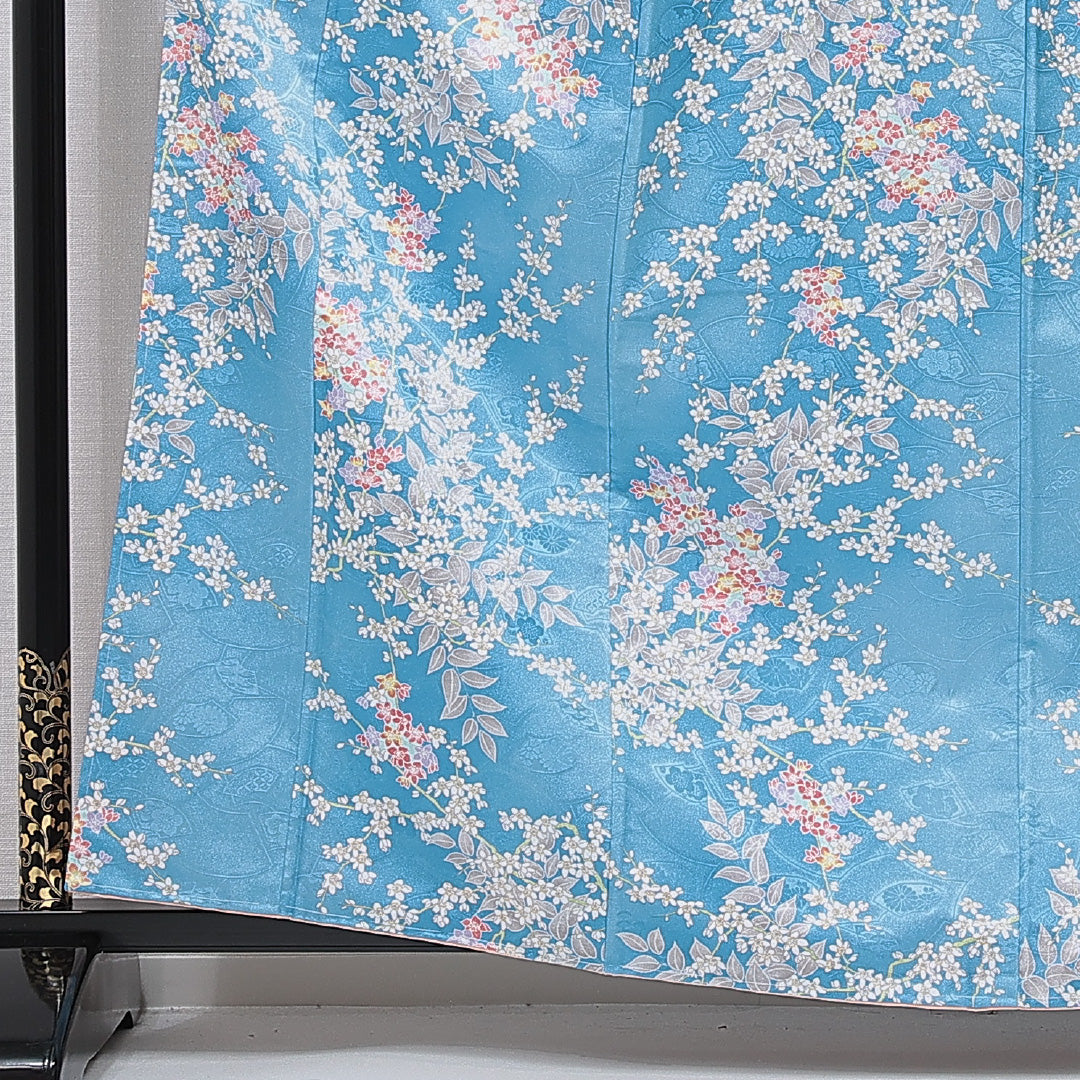 洗える着物 小紋 袷 身丈162cm 裄丈64cm ポリエステル Sランク インフォーマル 広衿 Lサイズ 桜 水色系 RP 1221-15833