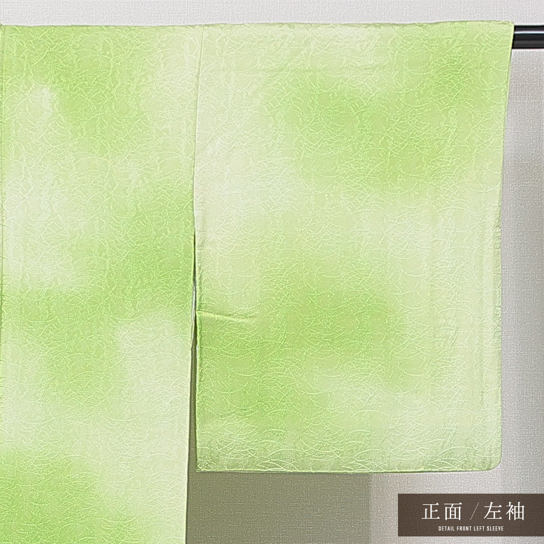 色無地 袷 身丈155cm 裄丈61cm 正絹 Aランク Mサイズ 広衿 一つ紋(五三桐) セミフォーマル 紋意匠 芝草 ぼかし染 緑系 1214-15100