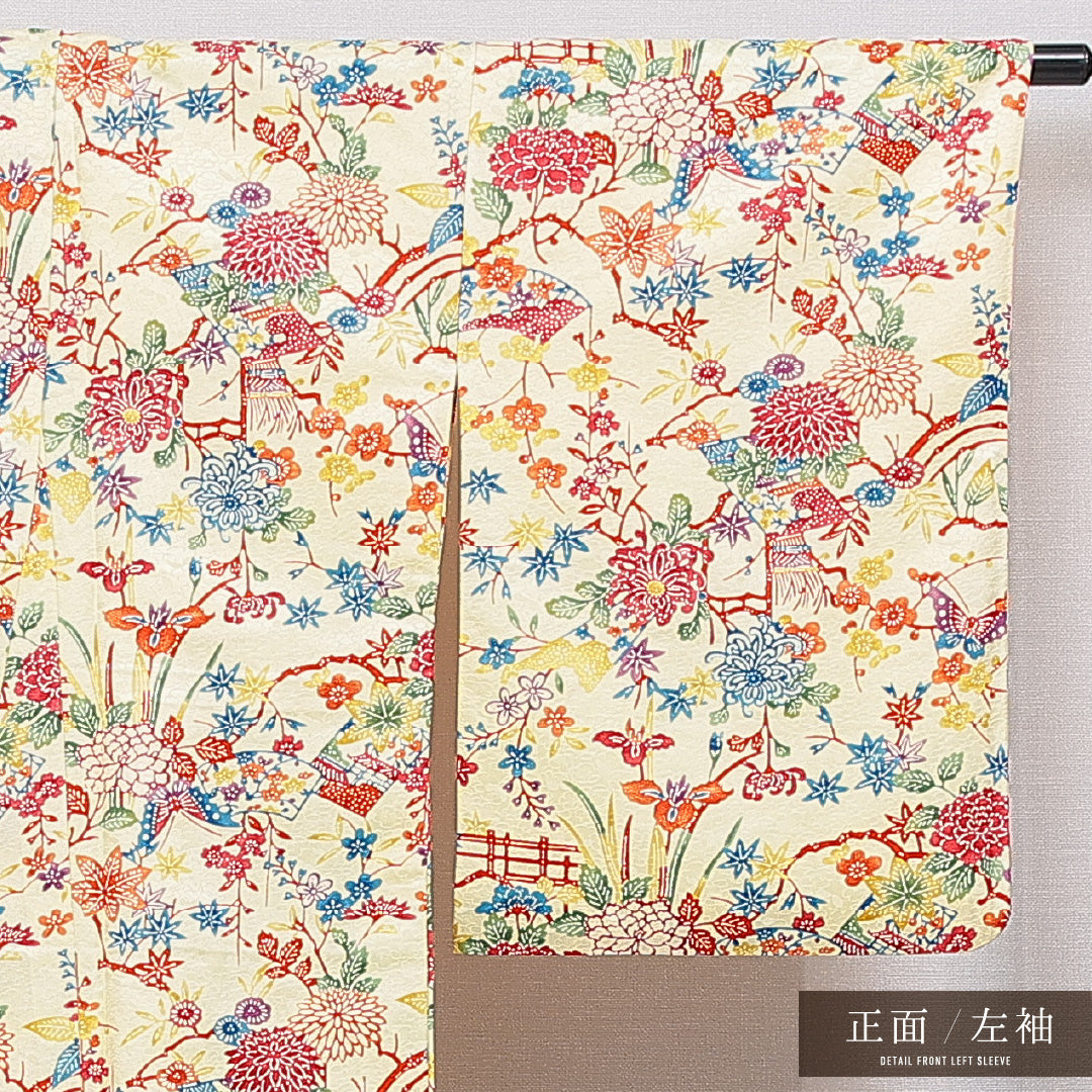 洗える着物 小紋 袷 身丈162cm 裄丈66cm ポリエステル Sランク インフォーマル バチ衿 Lサイズ 蝶 菊 菖蒲 黄系 RP 1221-15996