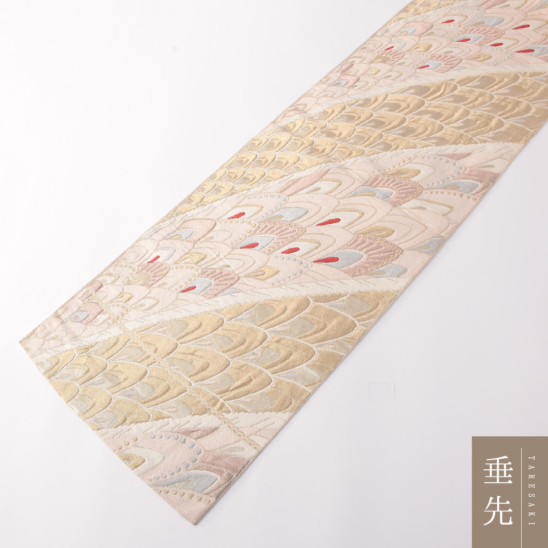 振袖用 袋帯 帯丈408cm 正絹 六通 唐織 羽 ピンク系 金系 1243-01755