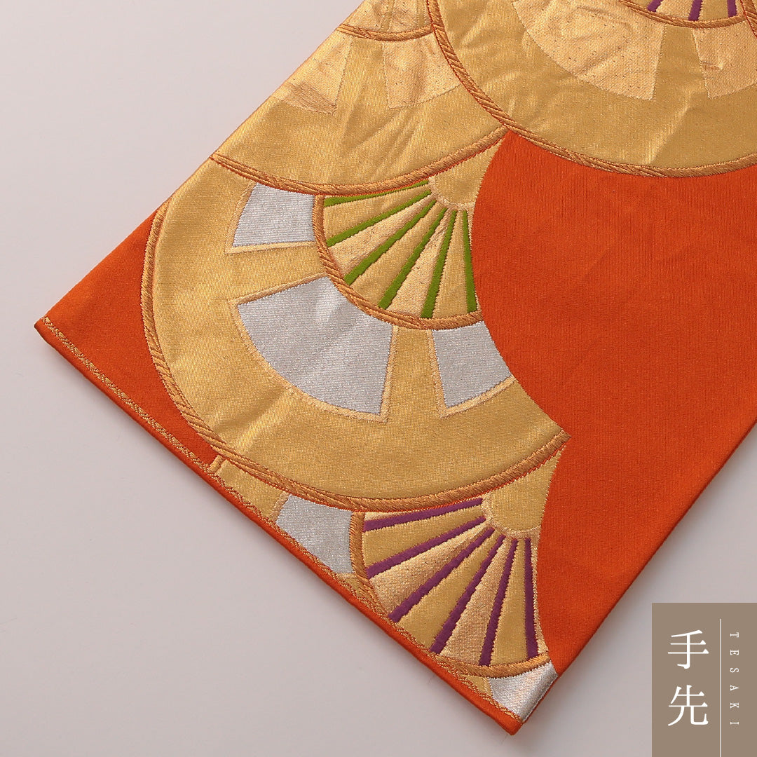 袋帯 帯丈420cm フォーマル 六通 Sランク 正絹 青海波 朱系 金系 1223-01896