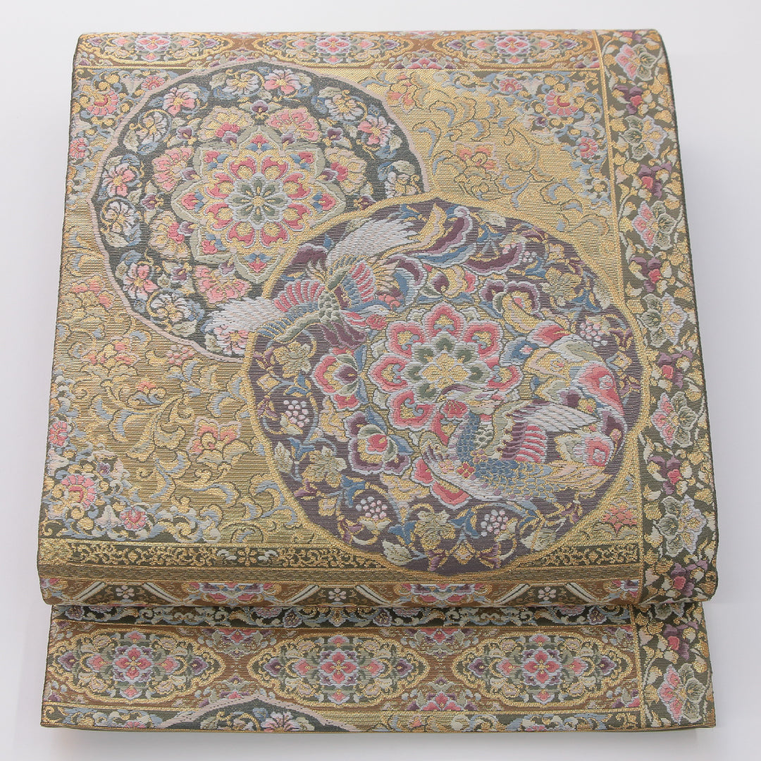 袋帯 帯丈438cm フォーマル 六通 Sランク 正絹 花喰鳥 鏡裏文 緑系 1223-02326