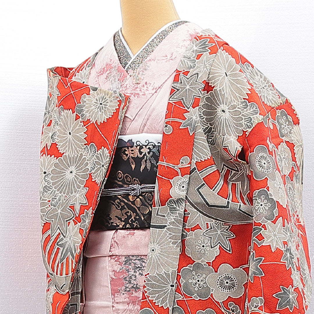 アンティーク 羽織 袷 身丈87cm 裄丈67cm 正絹 Bランク Mサイズ ちりめん 菊 赤系 1217-16813