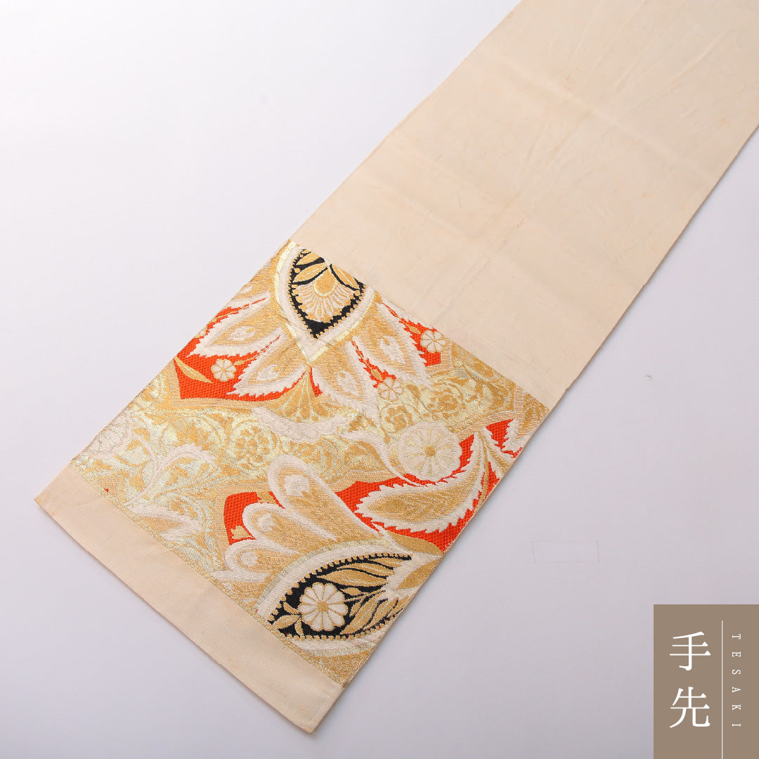 アンティーク 袋帯 帯丈412cm 六通 未仕立て 帯芯なし Cランク 正絹 植物柄 金系 1223-01991
