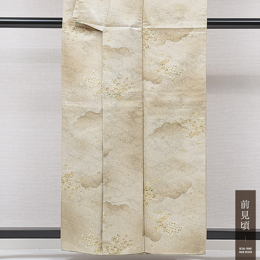 洗える着物 小紋 袷 身丈156cm 裄丈62cm ポリエステル Sランク インフォーマル 広衿 Mサイズ 唐草 古典柄 ベージュ系 RP 1221-15844
