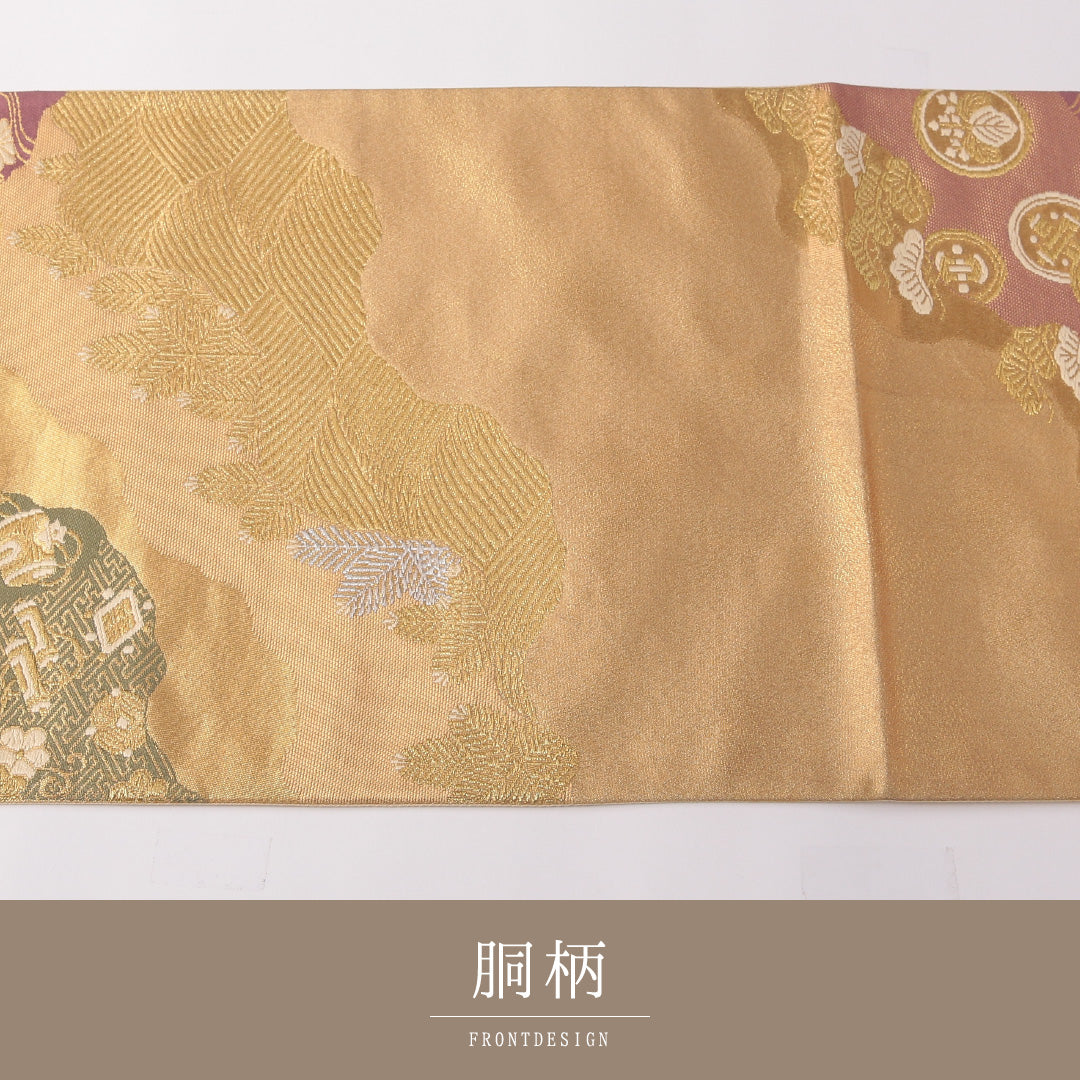 袋帯 帯丈424cm 正絹 六通 フォーマル 道長取り 光琳波 丸文 金系 1243-01772