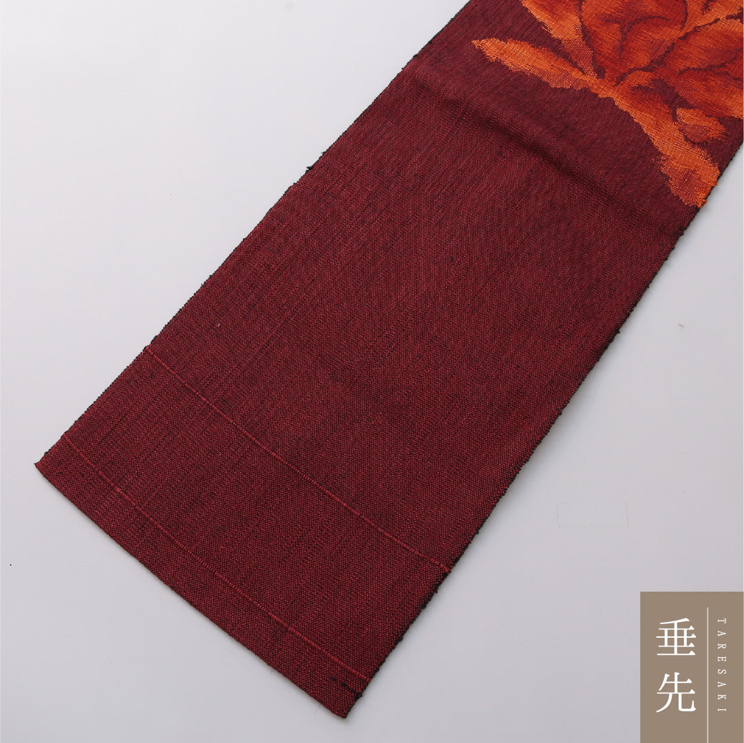 八寸名古屋帯 帯丈340cm カジュアル 松葉仕立て ポイント柄 Sランク 正絹 植物柄 赤系 1224-03297