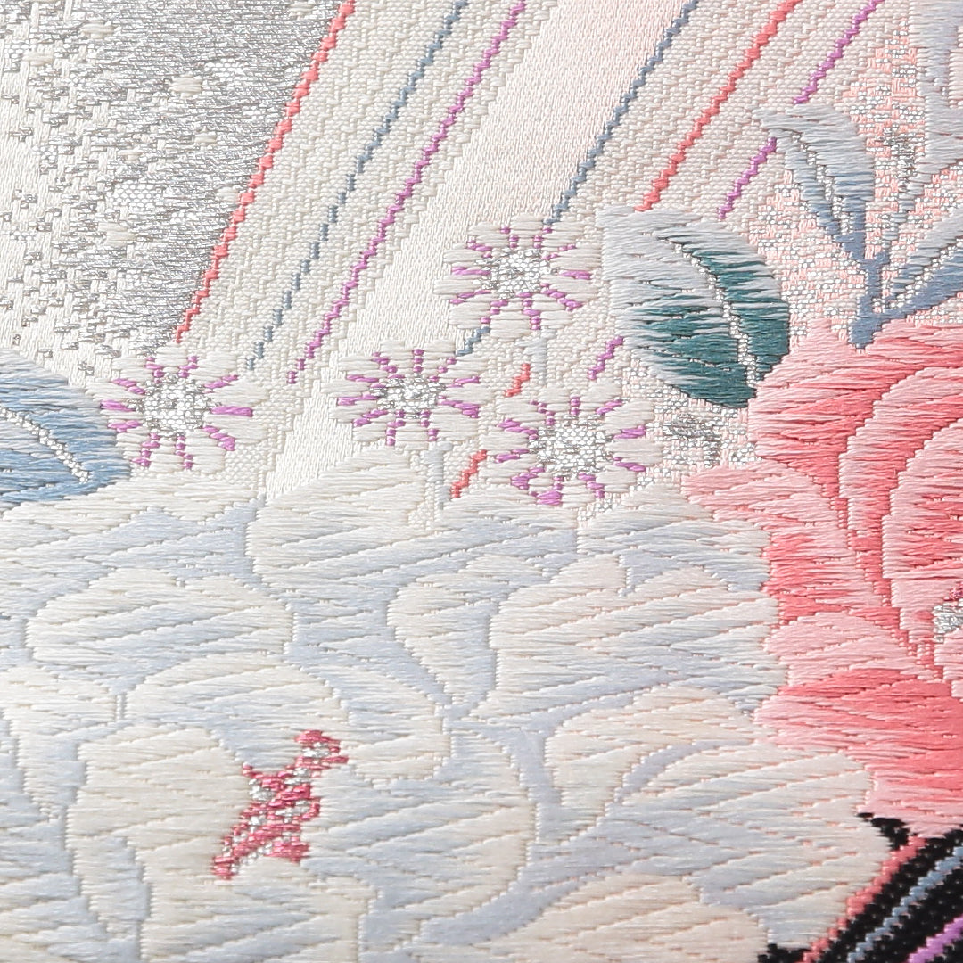 振袖用 袋帯 帯丈436cm 正絹 六通 花柄 吉祥文様 クリーム系 1243-02153