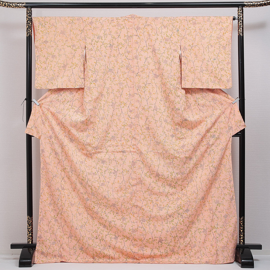 紬 洗える着物 袷 身丈174cm 裄丈64cm ポリエステル Cランク 2XLサイズ 広衿 カジュアル 花柄 朱系 ベージュ系 1216-16085