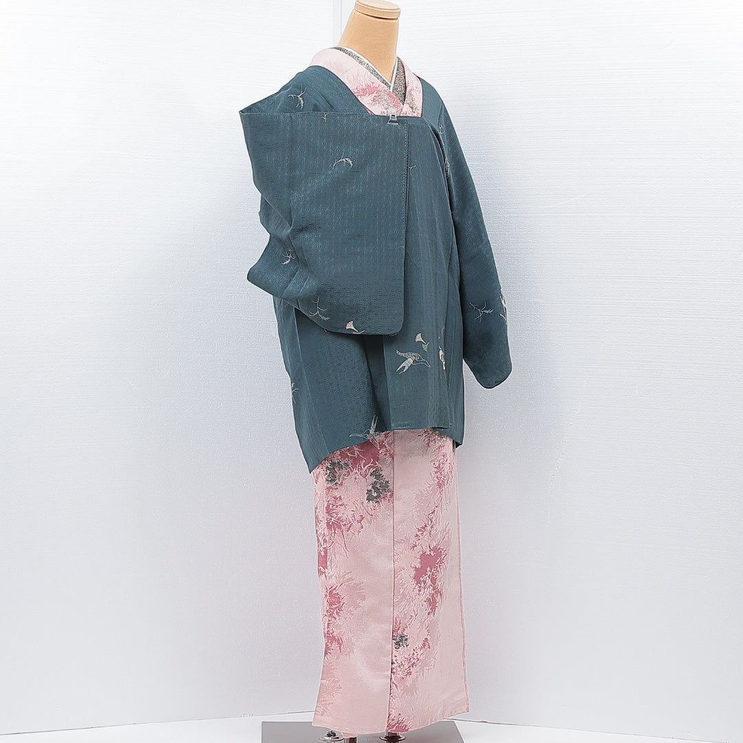 道行コート 袷 身丈83cm 裄丈64cm 正絹 Cランク 紋意匠 (麻の葉) セミフォーマル Mサイズ すすき 青系 LP 1237-15322