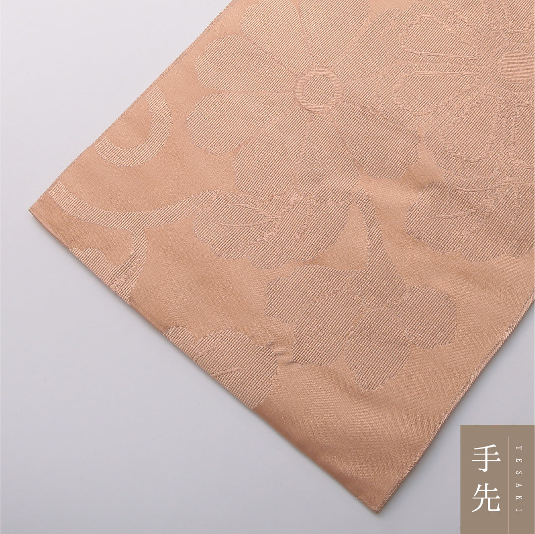 九寸名古屋帯 帯丈426cm カジュアル 開き仕立て 六通 Cランク 正絹 菊 ベージュ系 1224-03470