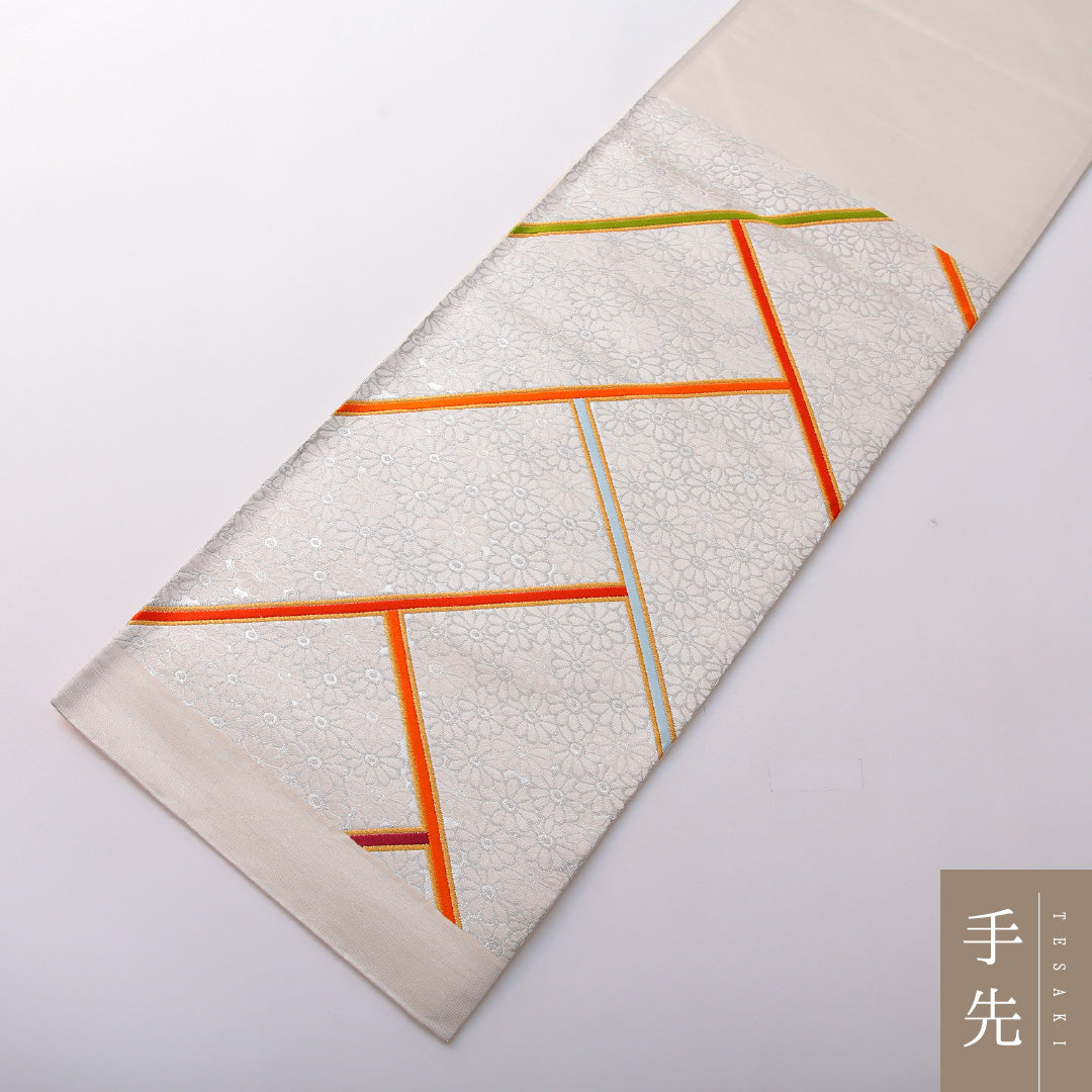 袋帯 帯丈450cm フォーマル 六通 Sランク 正絹 菊 銀系 1223-01980