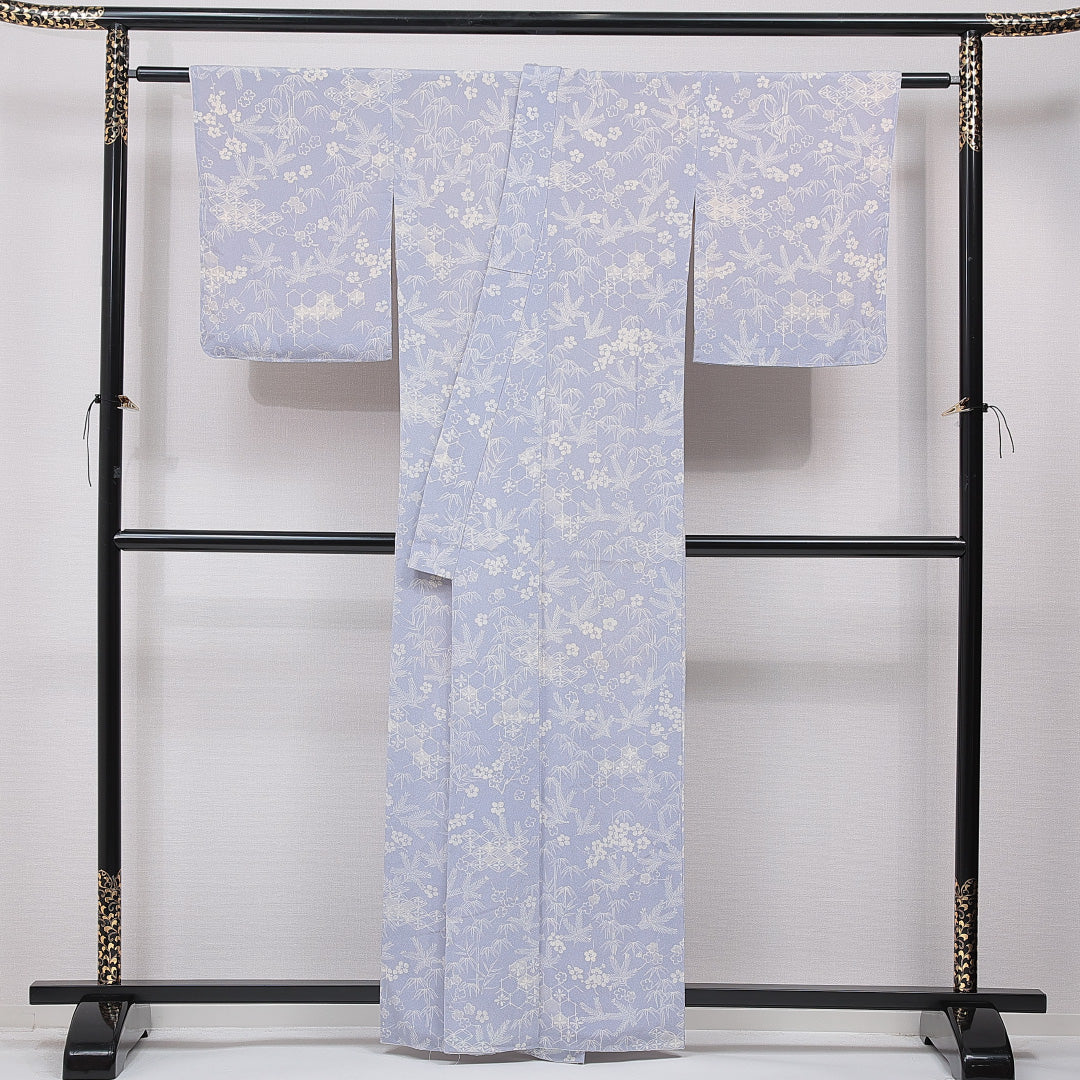 小紋 袷 身丈161cm 裄丈63cm 正絹 Aランク Lサイズ バチ衿 インフォーマル 七宝 梅 水色系 1215-15649