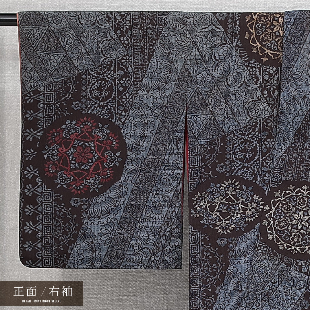 アンティーク 紬 袷 身丈148cm 裄丈63cm 正絹 Aランク XSサイズ 広衿 鏡裏文 グレー系 青系 1216-14724