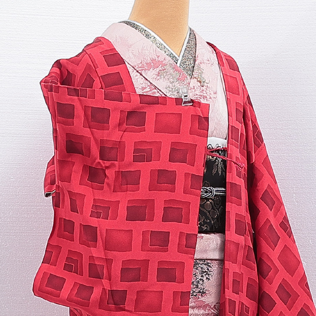 羽織 袷 身丈74cm 裄丈62cm 正絹 Sランク カジュアル Sサイズ 紐あり 創作柄 ピンク系 RP 1232-16133