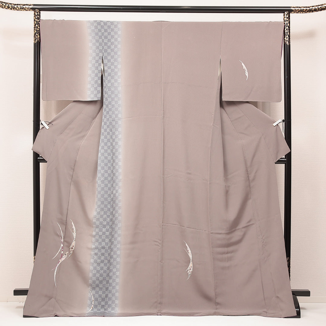 付下げ 袷 身丈174cm 裄丈68cm 正絹 Cランク 2XLサイズ 広衿 インフォーマル 市松 創作柄 グレー系 1261-16879