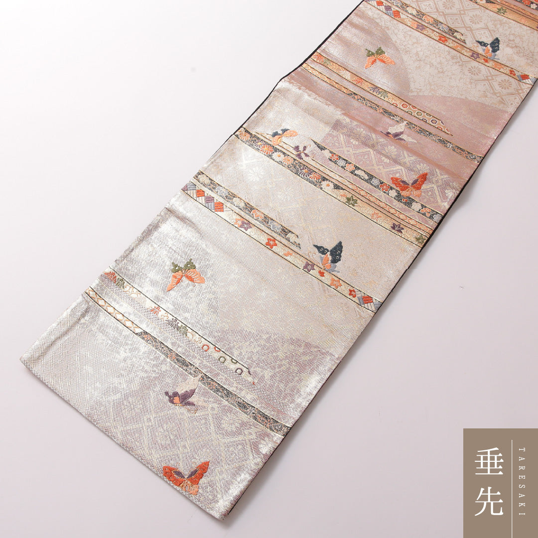袋帯 帯丈424cm 正絹 六通 フォーマル 裂取り 蝶 吉祥文様 金系 ピンク系 1243-01788