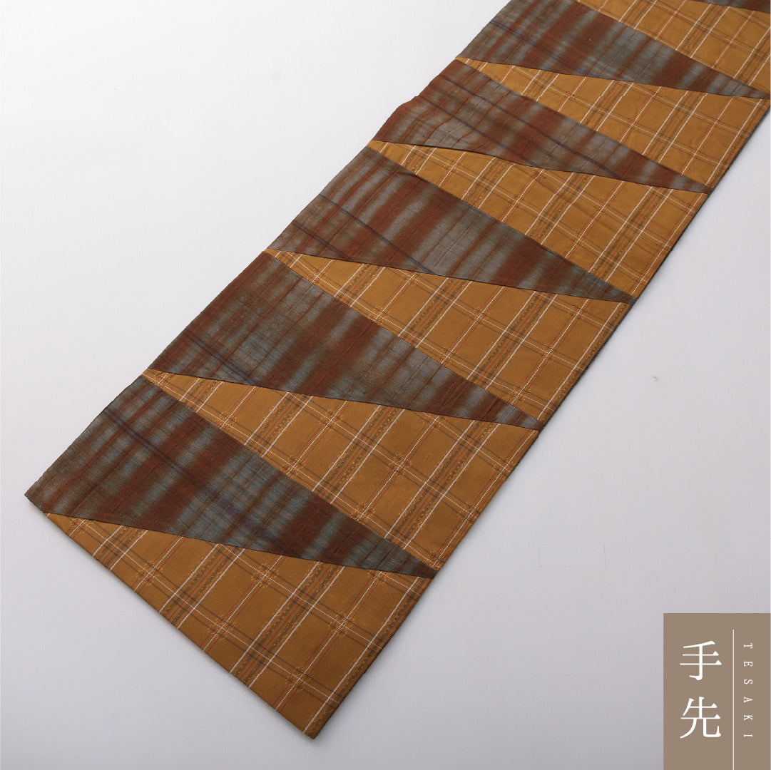 九寸名古屋帯 帯丈456cm カジュアル 開き仕立て 全通 リバーシブル Aランク 正絹 創作柄 黄系 グレー系 1224-03378