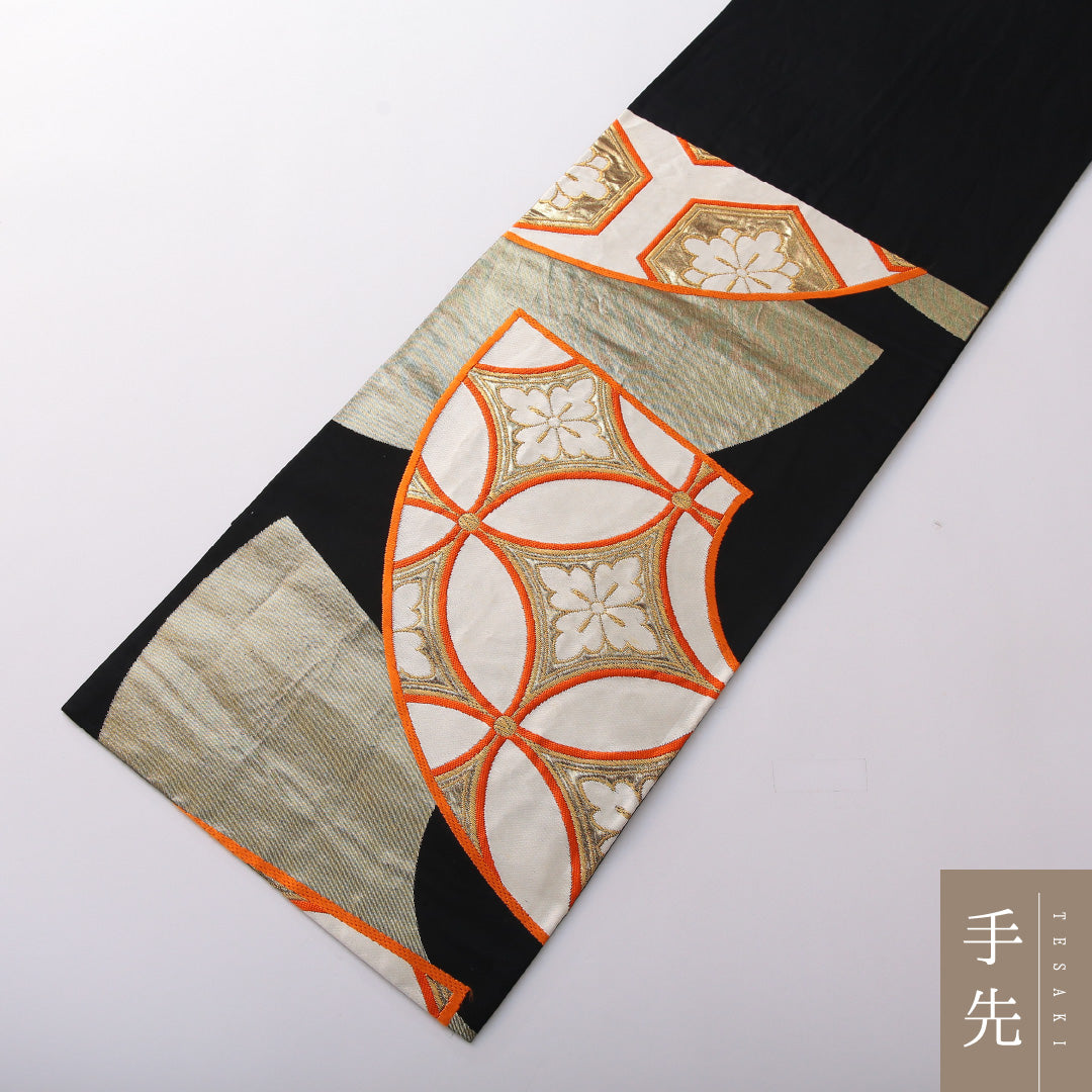 袋帯 帯丈428cm 正絹 六通 フォーマル 扇面文 七宝 吉祥文様 黒系 1243-02055