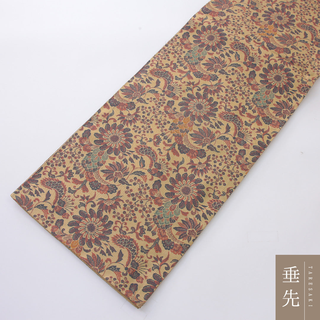 袋帯 帯丈450cm 正絹 全通 帯芯なし インフォーマル 綴れ織 花鳥文 ベージュ系 1243-02197