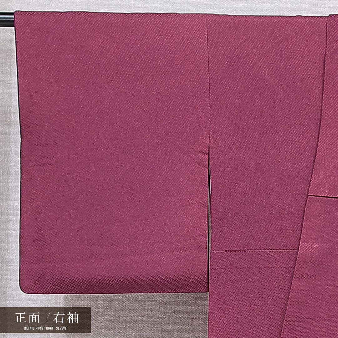 色無地 袷 身丈158cm 裄丈64cm 正絹 Bランク 一つ紋 (三つ巴) 紋意匠 (鹿の子) セミフォーマル 広衿 Mサイズ 紫系 HP 1219-15497