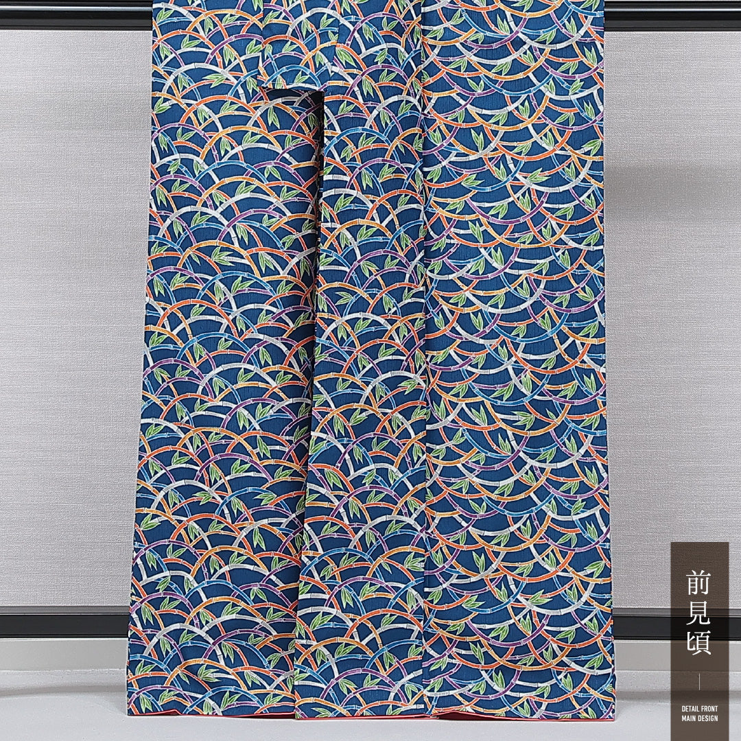 小紋 洗える着物 袷 身丈163cm 裄丈64cm ポリエステル Sランク Lサイズ 広衿 インフォーマル 竹 笹 青系 1215-15793