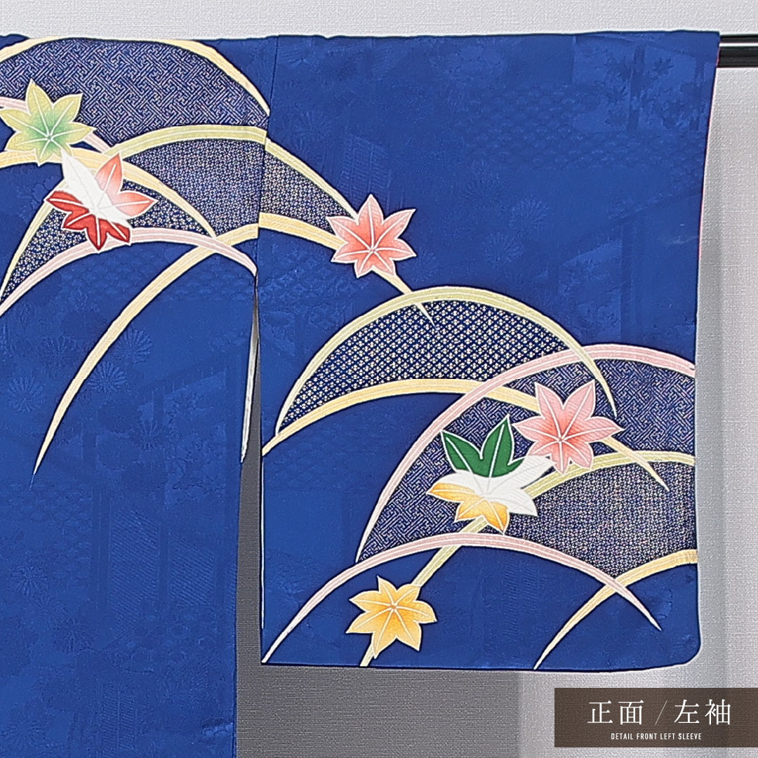 訪問着 袷 身丈161cm 裄丈64cm 正絹 Sランク セミフォーマル 広衿 Lサイズ 芝草 楓 古典的 舞台衣装 青系 RP 1217-15869