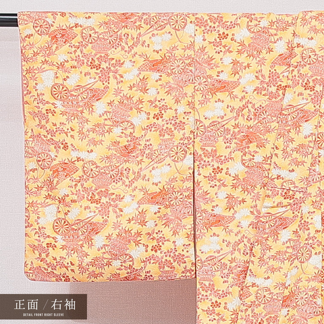 洗える着物 小紋 袷 身丈151cm 裄丈62cm ポリエステル Aランク インフォーマル バチ衿 Sサイズ 御所車 朱系 HP 1221-15826