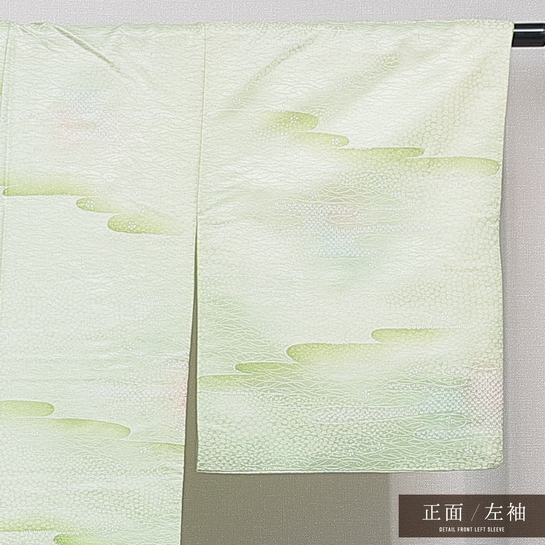 小紋 洗える着物 袷 身丈150cm 裄丈62cm ポリエステル Cランク Sサイズ 広衿 インフォーマル 古典柄 緑系 1215-15797