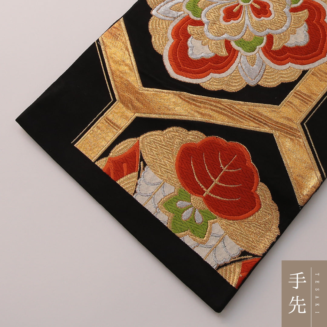 袋帯 帯丈418cm フォーマル 六通 Sランク 正絹 花菱 亀甲 黒系 金系 1223-01890