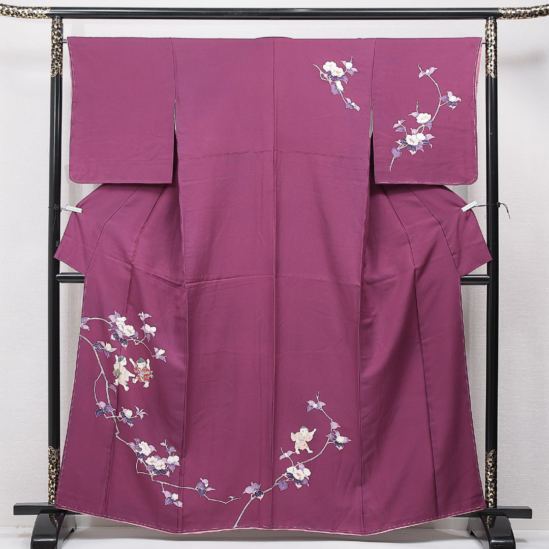 訪問着 袷 身丈161cm 裄丈66cm 正絹 Cランク セミフォーマル 広衿 Lサイズ 唐子 紫系 HP 1217-15554