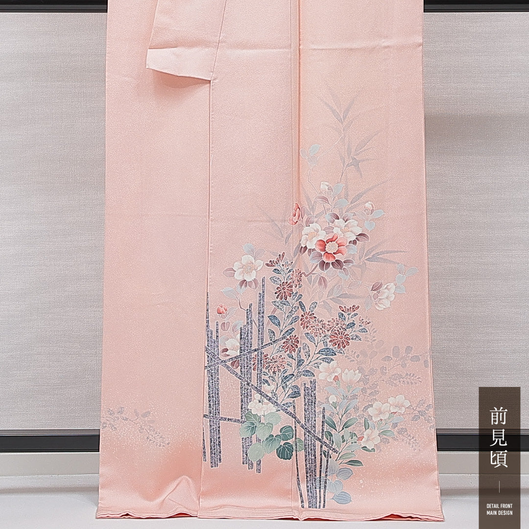 未使用品 訪問着 袷 身丈172cm 裄丈64cm 正絹 Nランク セミフォーマル 広衿 2XLサイズ 牡丹 可憐 落ち着き ピンク系 M4 1217-15358