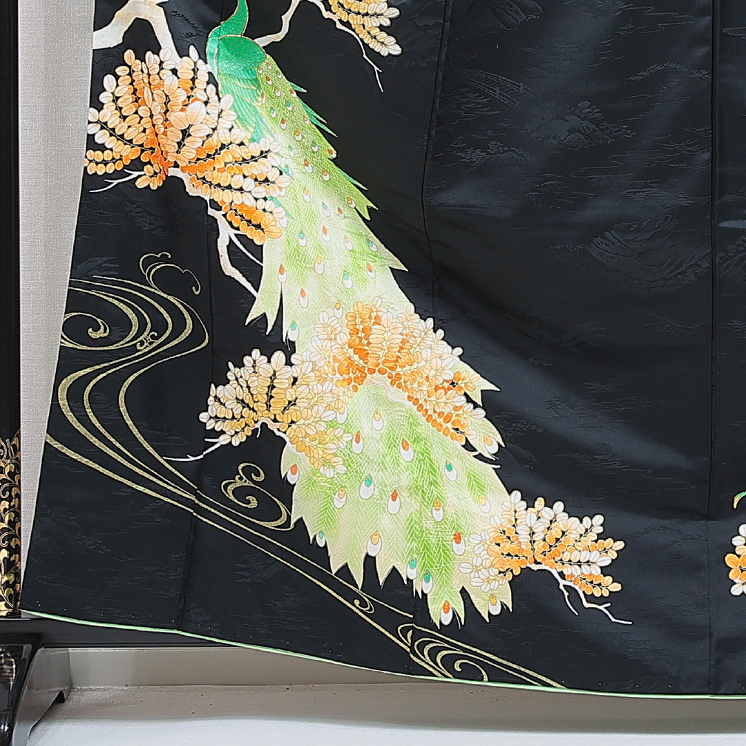 訪問着 洗える着物 袷 身丈164cm 裄丈63cm ポリエステル Sランク Lサイズ バチ衿 セミフォーマル 孔雀 金駒刺繍 黒系 1212-16287