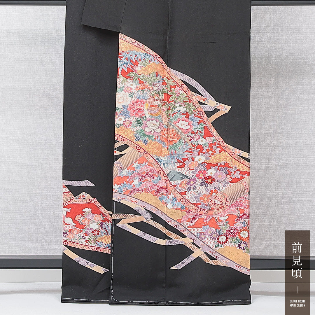 黒留袖 袷 身丈162cm 裄丈62cm 五つ紋 剣片喰 フォーマル Aランク Lサイズ 正絹 比翼仕立て 広衿 鳥 牡丹 1211-F0642