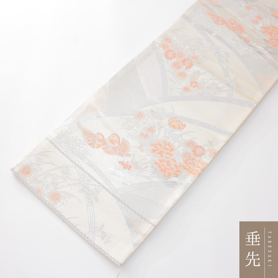 袋帯 帯丈416cm フォーマル 六通 帯芯なし Sランク 正絹 鳳凰 牡丹 クリーム系 1223-02284