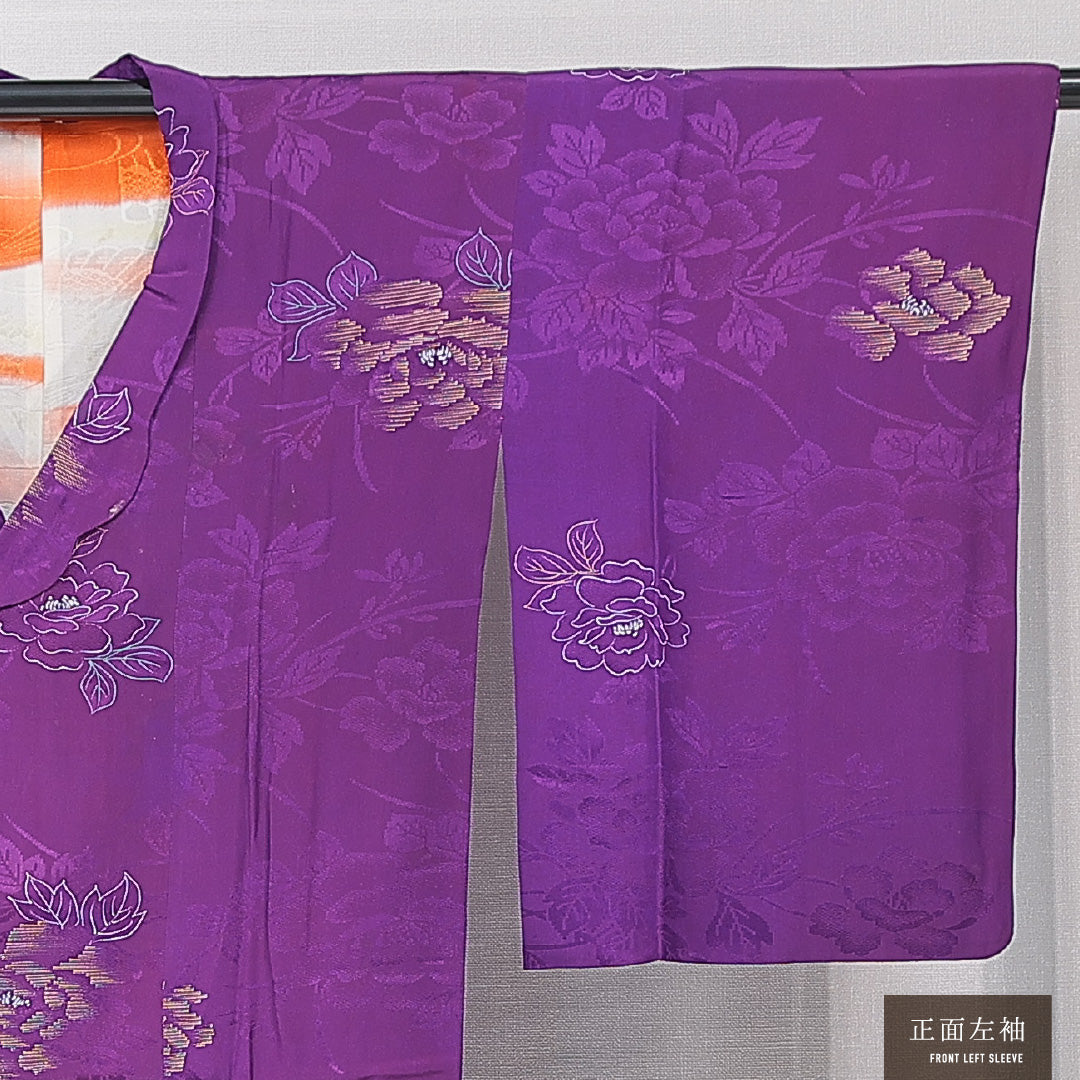 アンティーク 道行コート 袷 身丈112cm 裄丈63cm 正絹 Aランク Sサイズ 牡丹 紫系 M4 1237-15165