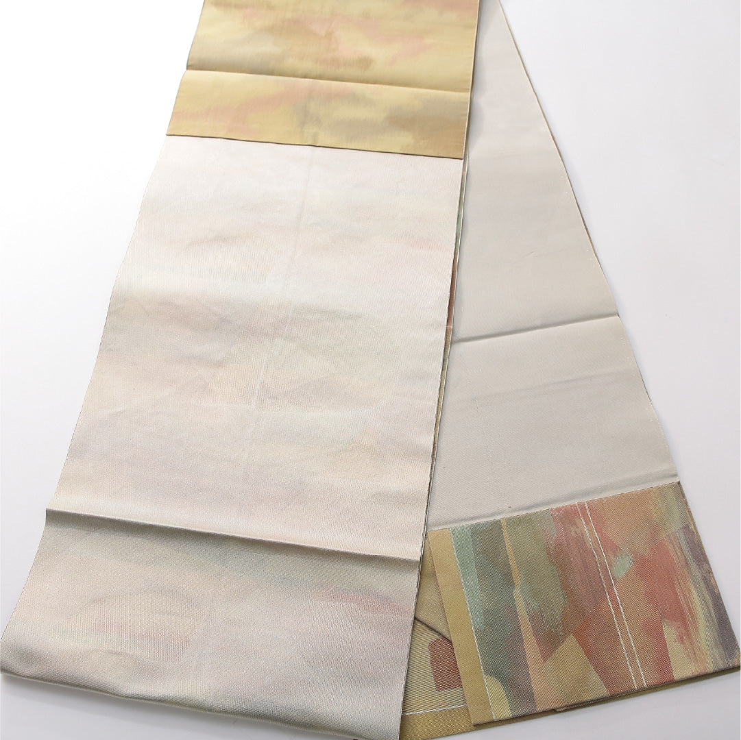 八寸名古屋帯 帯丈368cm カジュアル 松葉仕立て 全通 Sランク 正絹 抽象柄 多色系 1224-03828