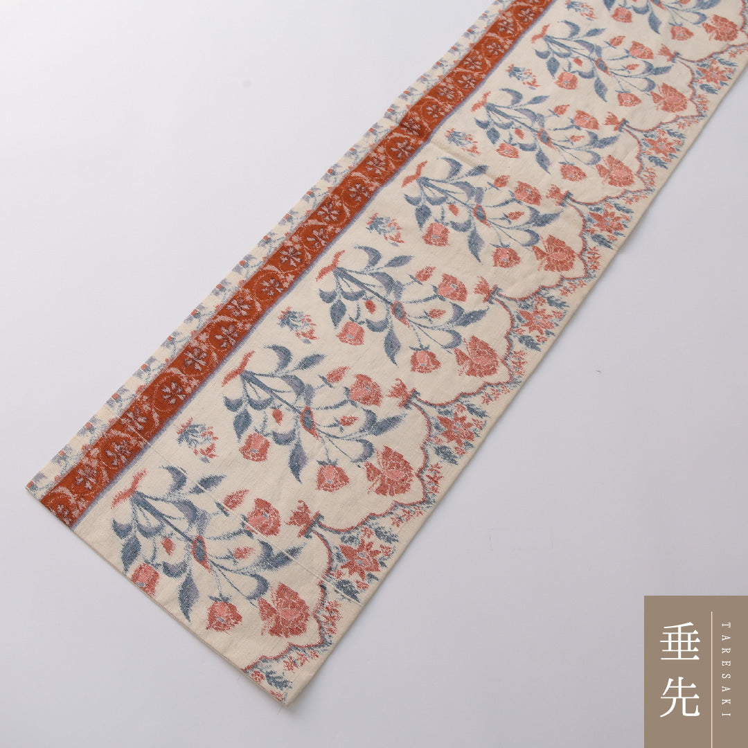 九寸名古屋帯(紬) 帯丈350cm カジュアル 名古屋仕立て 六通 Sランク 正絹 チューリップ クリーム系 1224-03208