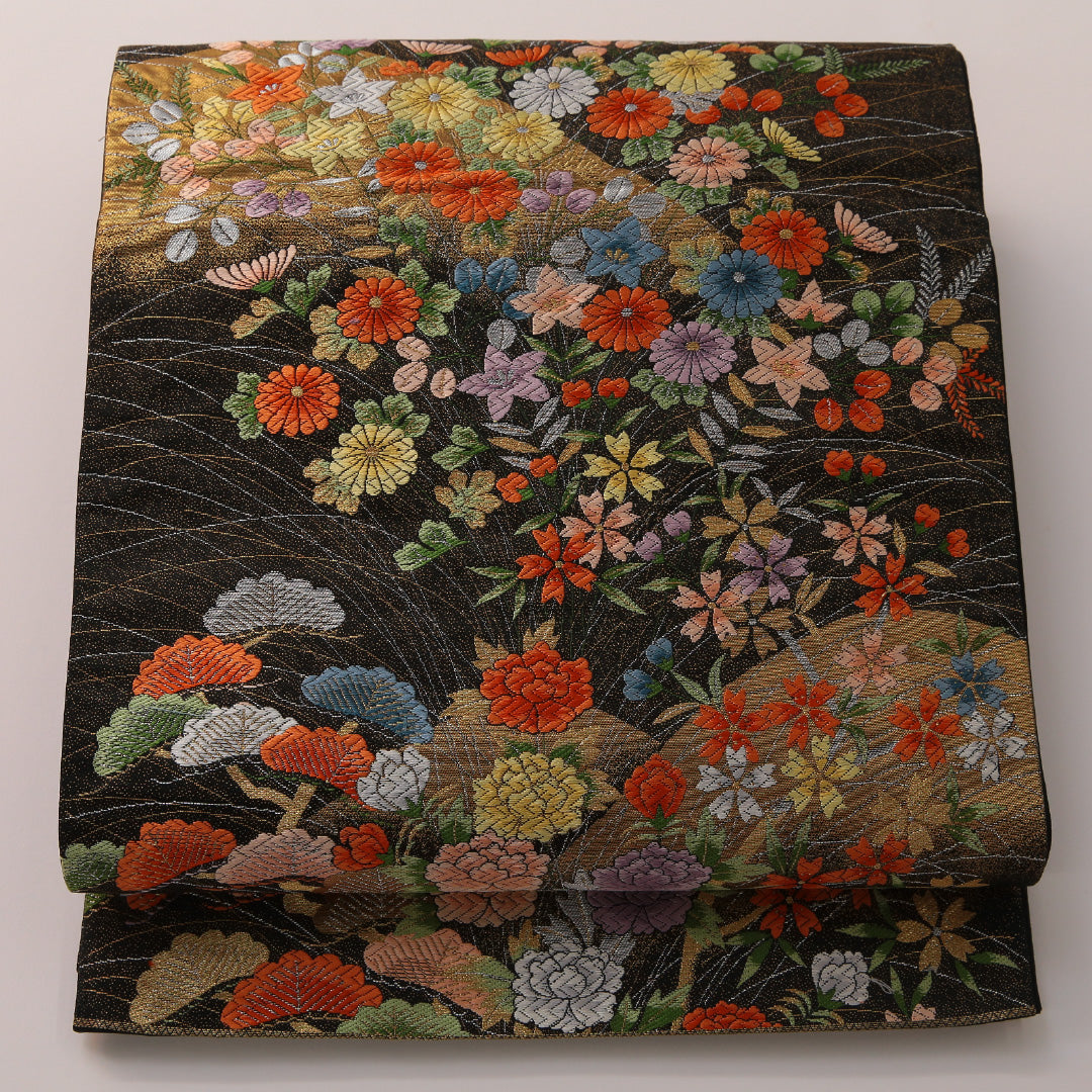 袋帯 帯丈424cm フォーマル 六通 Sランク 正絹 菊 笠松 黒系 金系 1223-01904