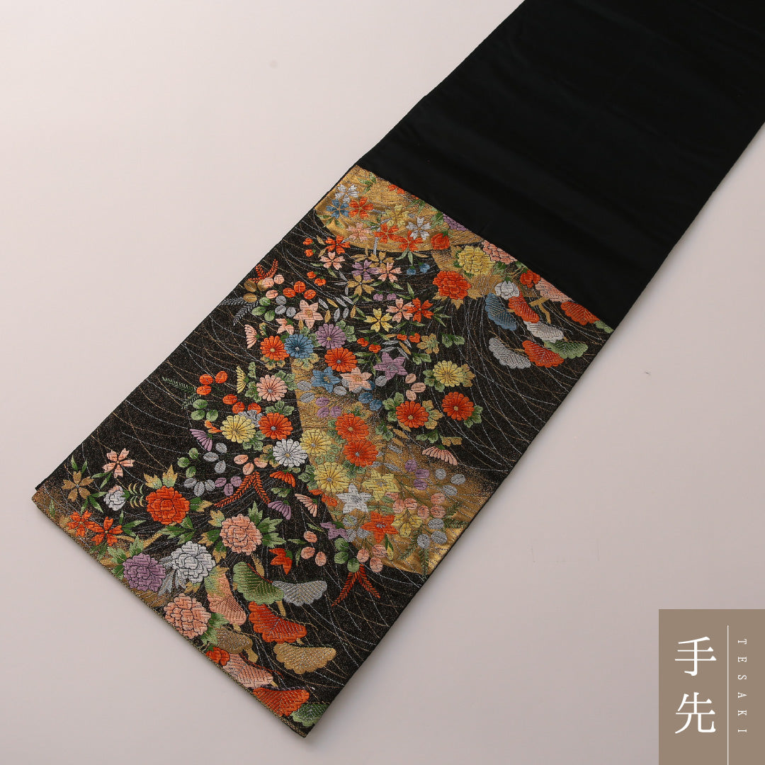 袋帯 帯丈424cm フォーマル 六通 Sランク 正絹 菊 笠松 黒系 金系 1223-01904