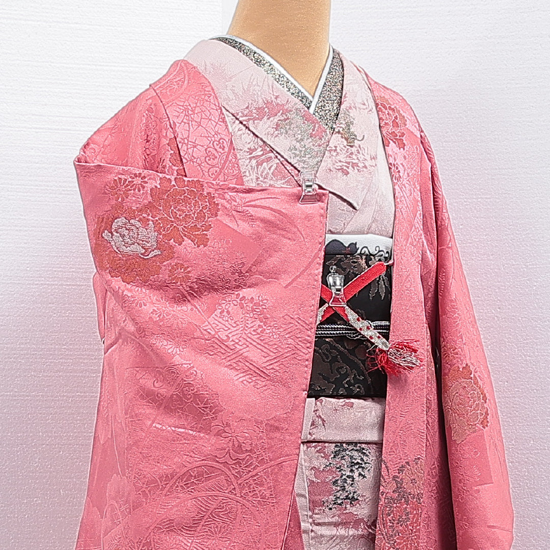 アンティーク 羽織 袷 身丈93cm 裄丈62cm 正絹 Aランク Sサイズ 一つ紋(五三桐) 鼓 牡丹 ピンク系 1217-16198