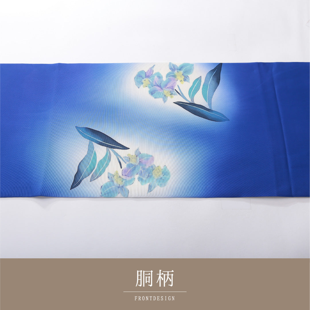 九寸名古屋帯 帯丈380cm カジュアル 開き仕立て ポイント柄 Bランク 正絹 染め帯 塩瀬 花柄 青系 1224-03914