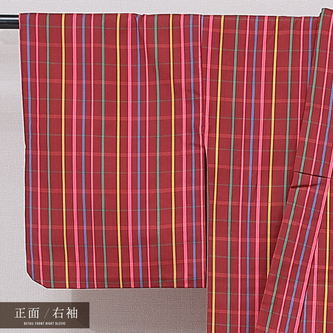 紬 アンサンブル 単衣 身丈153cm 裄丈63cm 正絹 Sランク Sサイズ バチ衿 カジュアル 肩当て 紐あり 縞 赤系 1216-15661