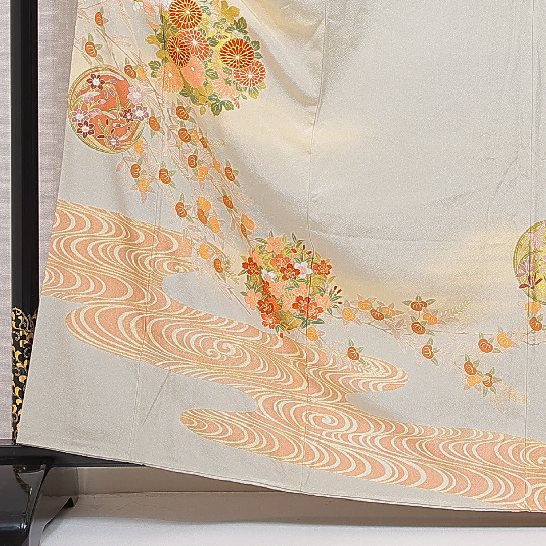 色留袖 袷 身丈162cm 裄丈67cm 一つ紋 セミフォーマル Sランク Lサイズ 正絹 広衿 菊 金駒刺繍 1211-F0653