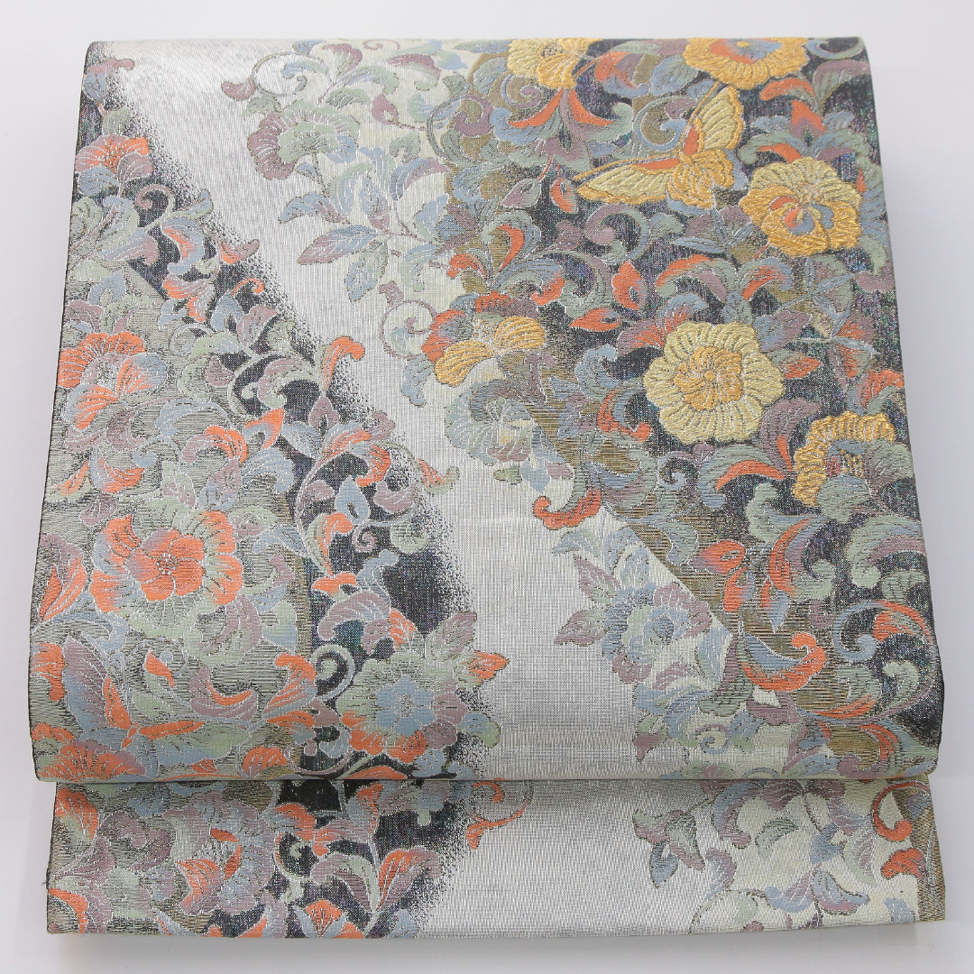 袋帯 帯丈442cm フォーマル 六通 Sランク 正絹 蝶 唐華 銀系 1223-02330